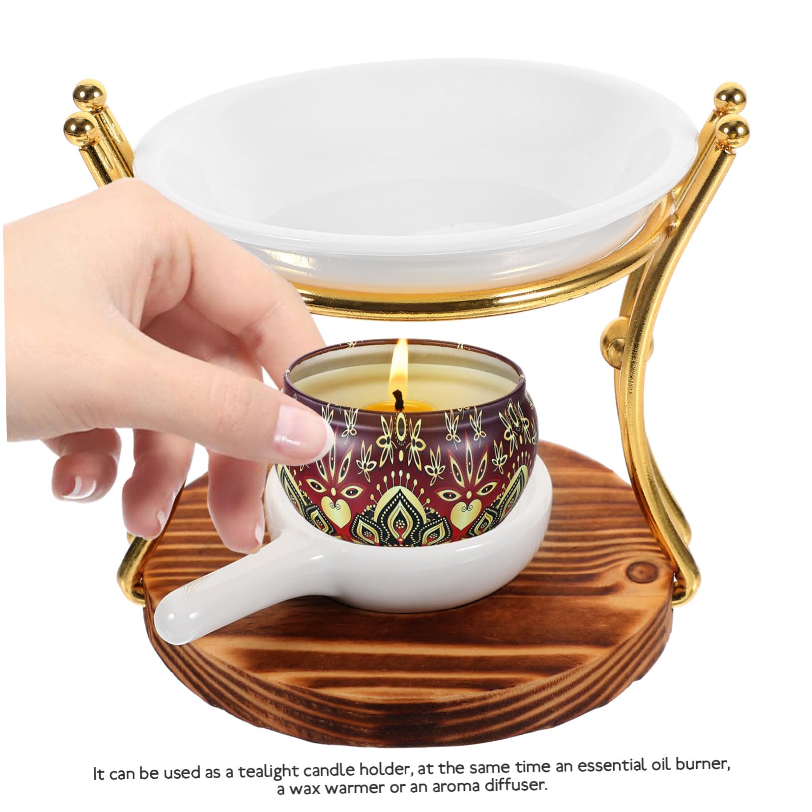 Quemador de Velas de Cerámica para Té con Base de Madera y Hierro, Quemador de Cera y Aceites Esenciales para Aromaterapia Hogar