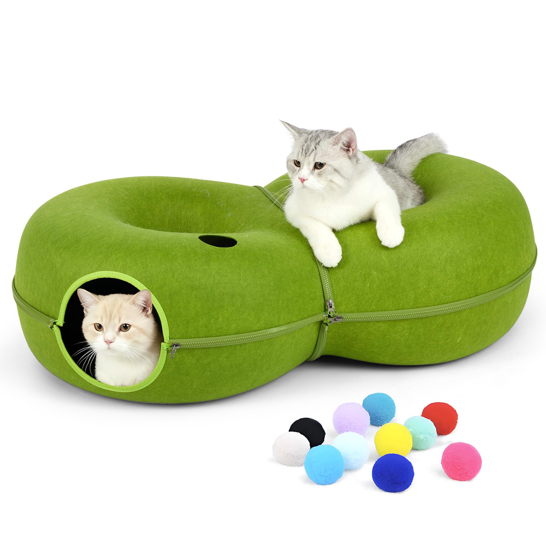 DOOKRON 8-Shaped Large Cat Tunnel Bed for Indoor Cats, Infinite Circulation Peekaboo Cat Cave with 12 Toy Balls, Donut Tunnel for Cats up to 14kg (Green, L)
