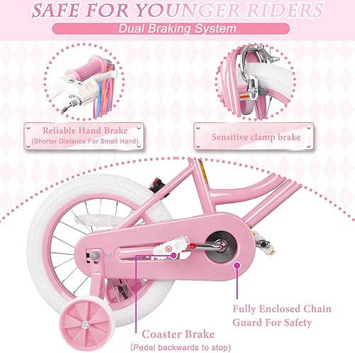 Miniatura 4 de Glaf Bicicleta para niñas pequeñas de 2 a 12 años, 12, 14, 16 y 20 pulgadas, bicicleta para niñas con ruedas de entrenamiento y asiento de muñeca,