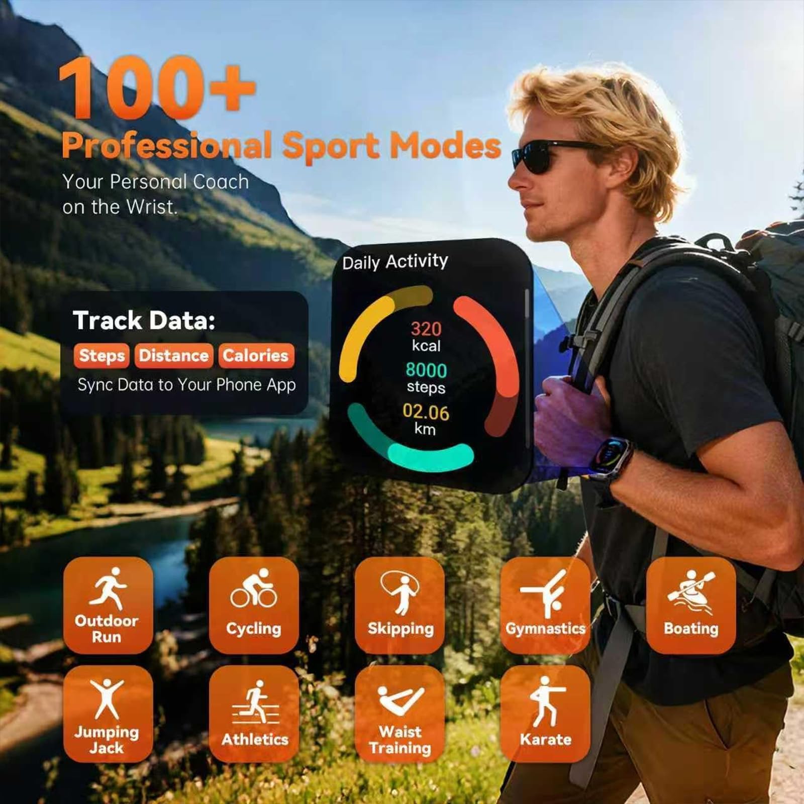 Smart watch militare con GPS integrato, smart watch tattico per iPhone/Android, oltre 100 modalità sportive con torcia, schermo da 2 pollici, Bluetooth, bussola, altimetro, frequenza cardiaca/spo2