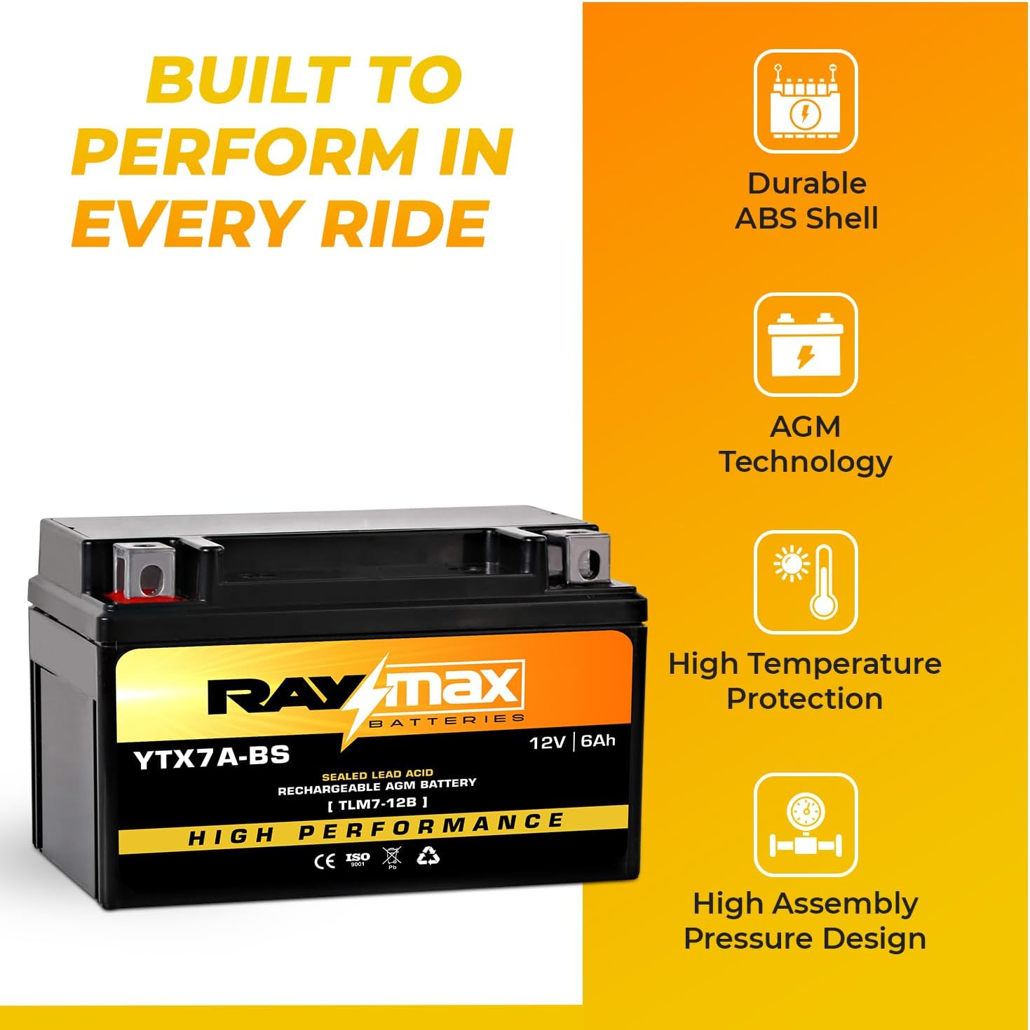 YTX7A-BS AGM Battery – 12V 6Ah | High Performance Sealed Lead Acid Power Cell | Perfect Fit for Motorcycles, ATVs, Scooters, and More – Maintenance-Free | Dimensions: 5.9"L x3.42"W x 3.69"H.