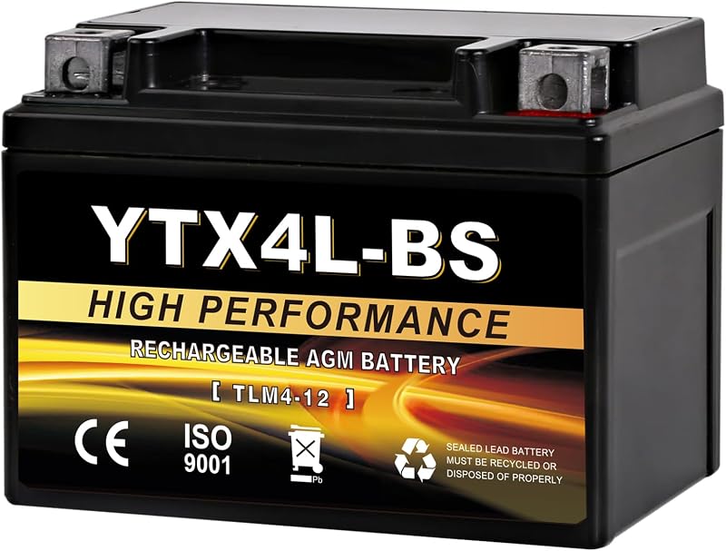 YTX4L-BS 12V 3Ah Sealed AGM Motorcycle Battery, Maintenance-Free, Compatible with Polaris Scrambler 90, Sportsman 90, Honda NQ50 Spree, Kawasaki KLX110, Yamaha TTR125E/LE, ATV & Scooter