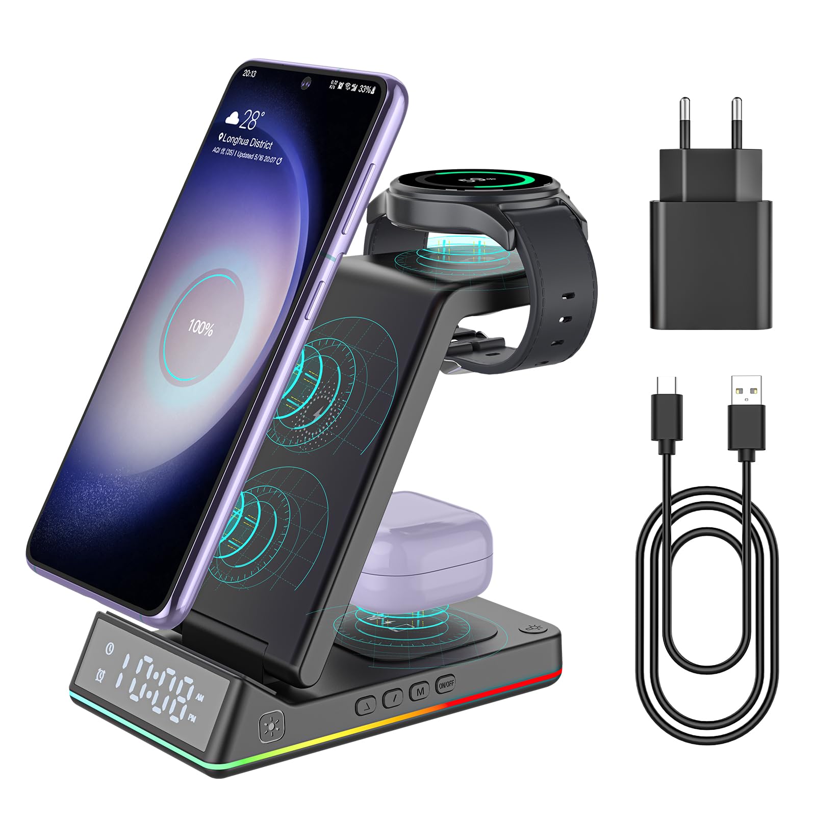 EVARY Caricatore Wireless 18W Rapida Wireless per Samsung S24 S23 S22 Ultra S21 S20 Galaxy Buds+ Pro,Wireless Charger für Galaxy Watch 5/5 Pro/4/3/Active 2/1