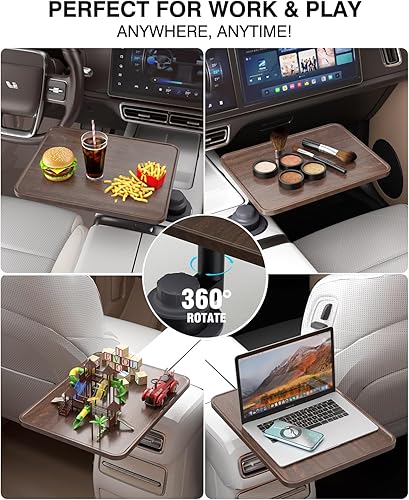 Miniatura 3 de Escritorio de automóvil para laptop, mesa con soporte para tazas con rotación de 360, soporte de madera para portátil para automóvil, mesa para