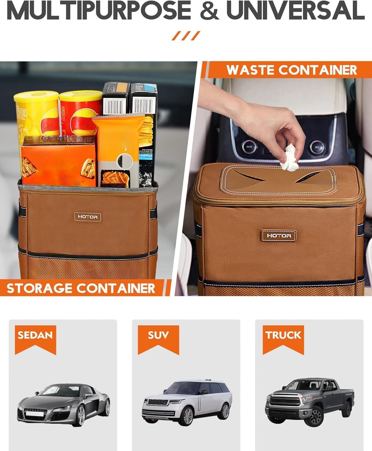 HOTOR Car Trash Can, Leakproof Car Organizer, 2-Gallon, Brown view 6
