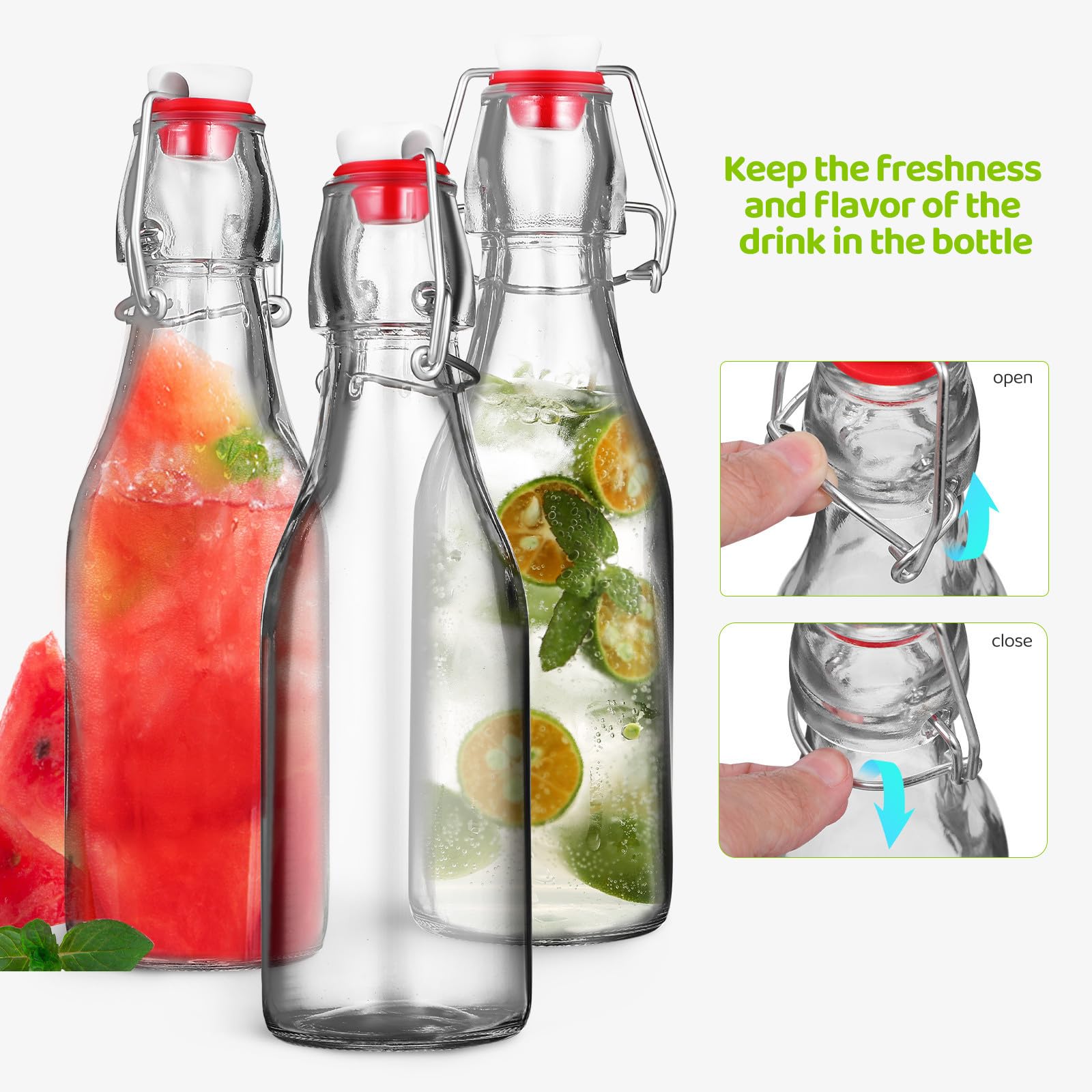 TOYANDONA Juego de 6 Botellas de Vidrio con Tapa Abatible y Hebilla Antifugas, Capacidad 250ml, con Cepillo para Limpieza, Adecuado para Picnic y Barbacoas en Jardín