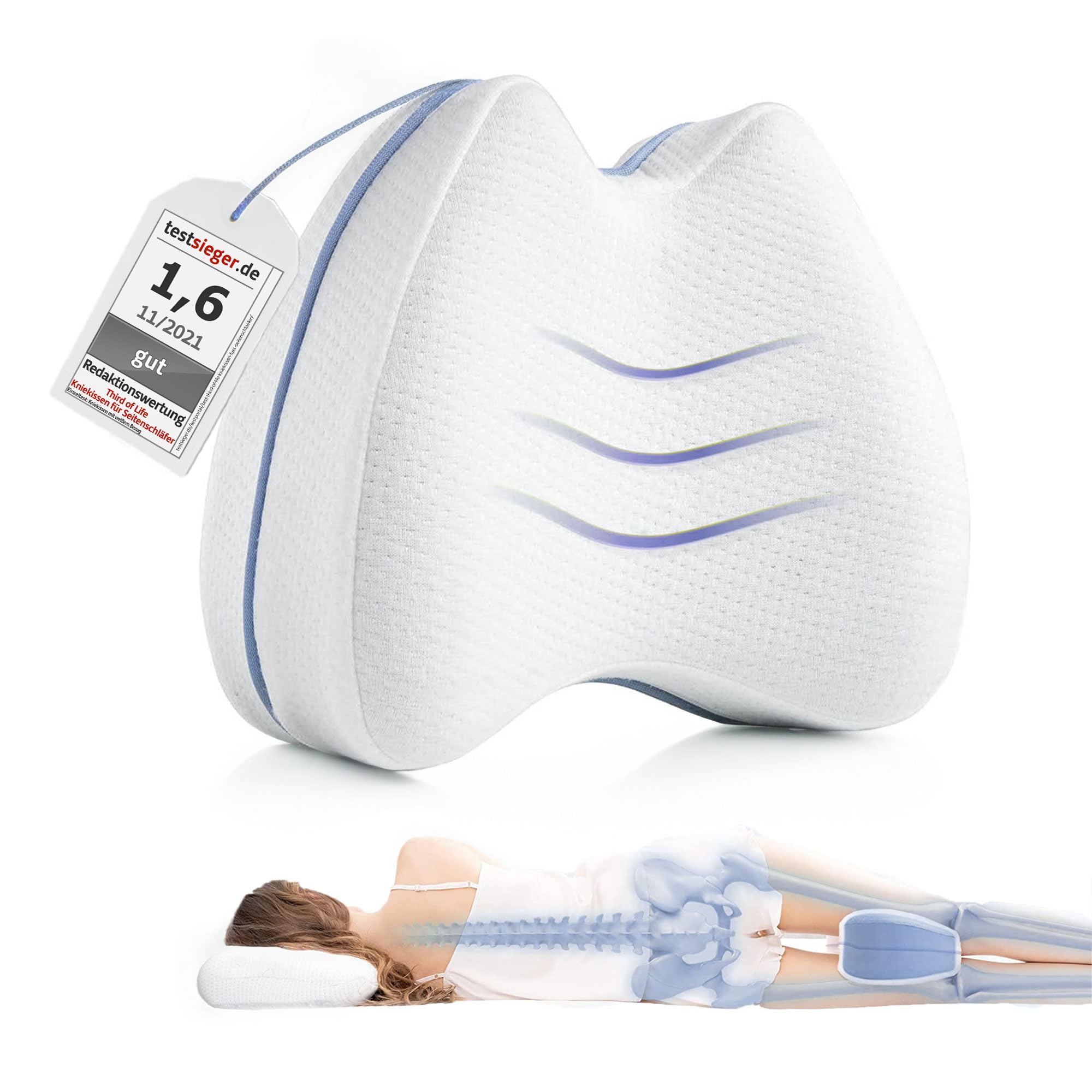Kniekissen für Seitenschläfer, Orthopädisches Bein-Kissen für eine optimale Schlafhaltung, Ergonomisches Lagerungskissen aus viscoelastischem Memory Schaum, atmungsaktiver & waschbarer Bezug 23,5x9,5