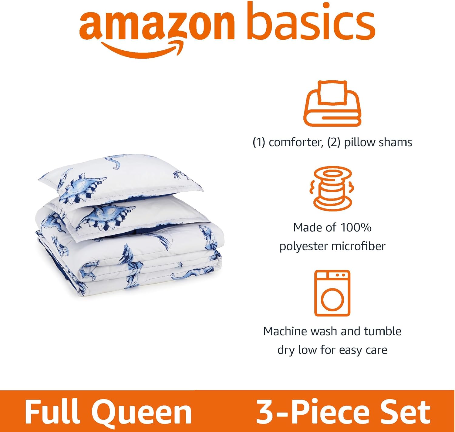 Amazon Basics 3-Piece Microfiber Kids' All Season Comforter and Pillow Sham Set, Full/Queen, Dinosaurs, Animal Print - Image 2