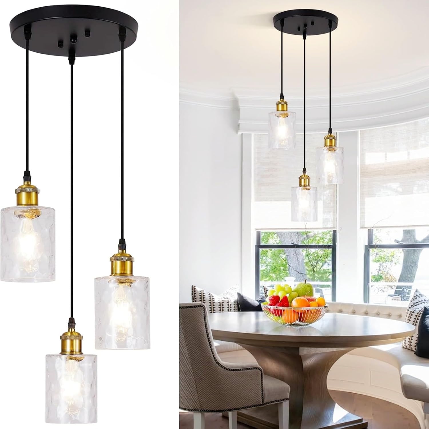 Pendant Lights Kitchen Island, 3-Light Industrial Black and Gold Ceiling Pendant Light Fixtures, Farmhouse Kitchen Island Lighting, Modern Hanging Pendant Light Fixture for Dining Room Foyer Entryway Black+Gold(No assembly required)