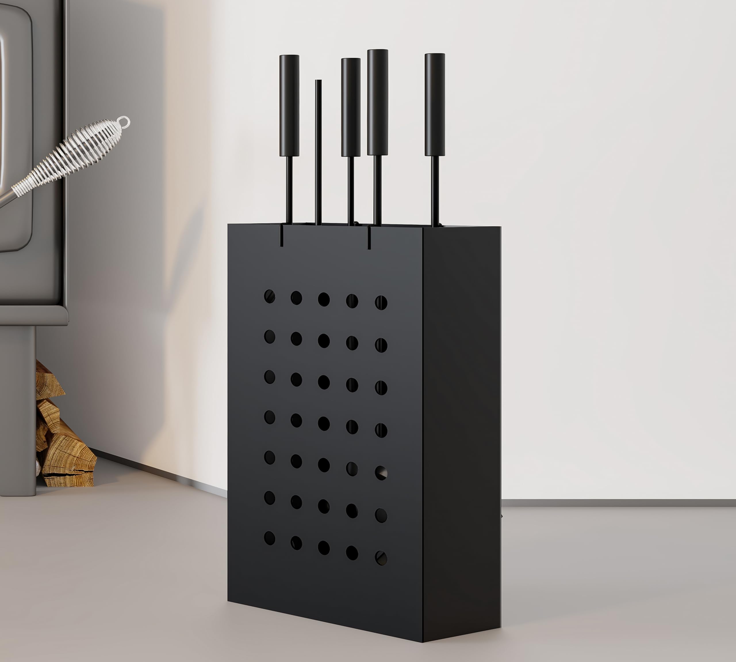 Kingson Ensemble de cheminée en fer noir avec seau à cendres rectangulaire – 4 outils de suspension (tisonnier, brosse, pelle, pince) – Ensemble d'outils de cheminée compact pour poêle à bois