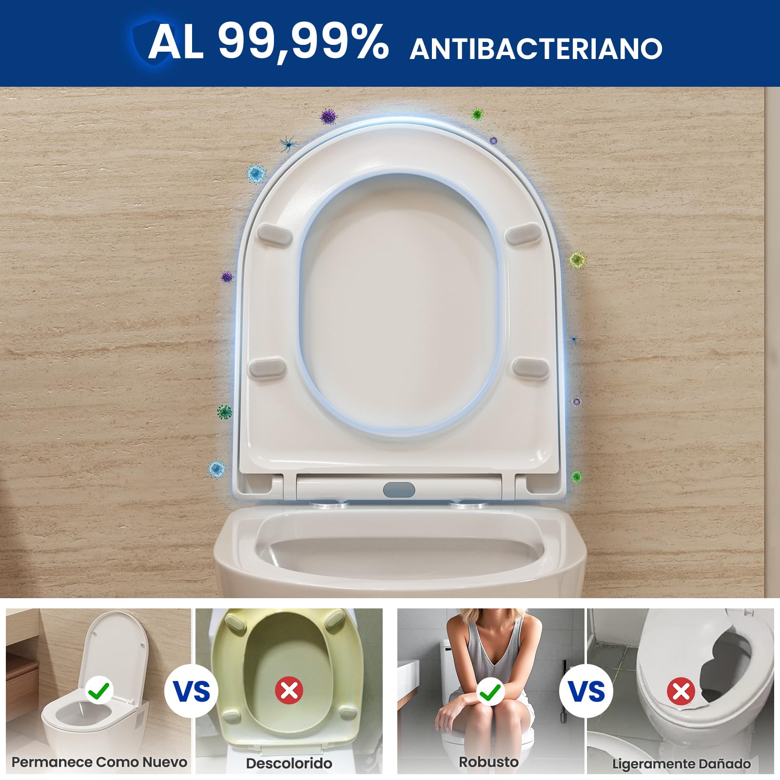 CECIPA Tapa WC con Cierre Suave, Tapa de WC Forma D Blanca, Asiento Inodoro con Liberación Rápida, Tapadera WC Antigolpes para Familia, Toilet Seat Fácil de Quitar y Limpiar - Serie DERW