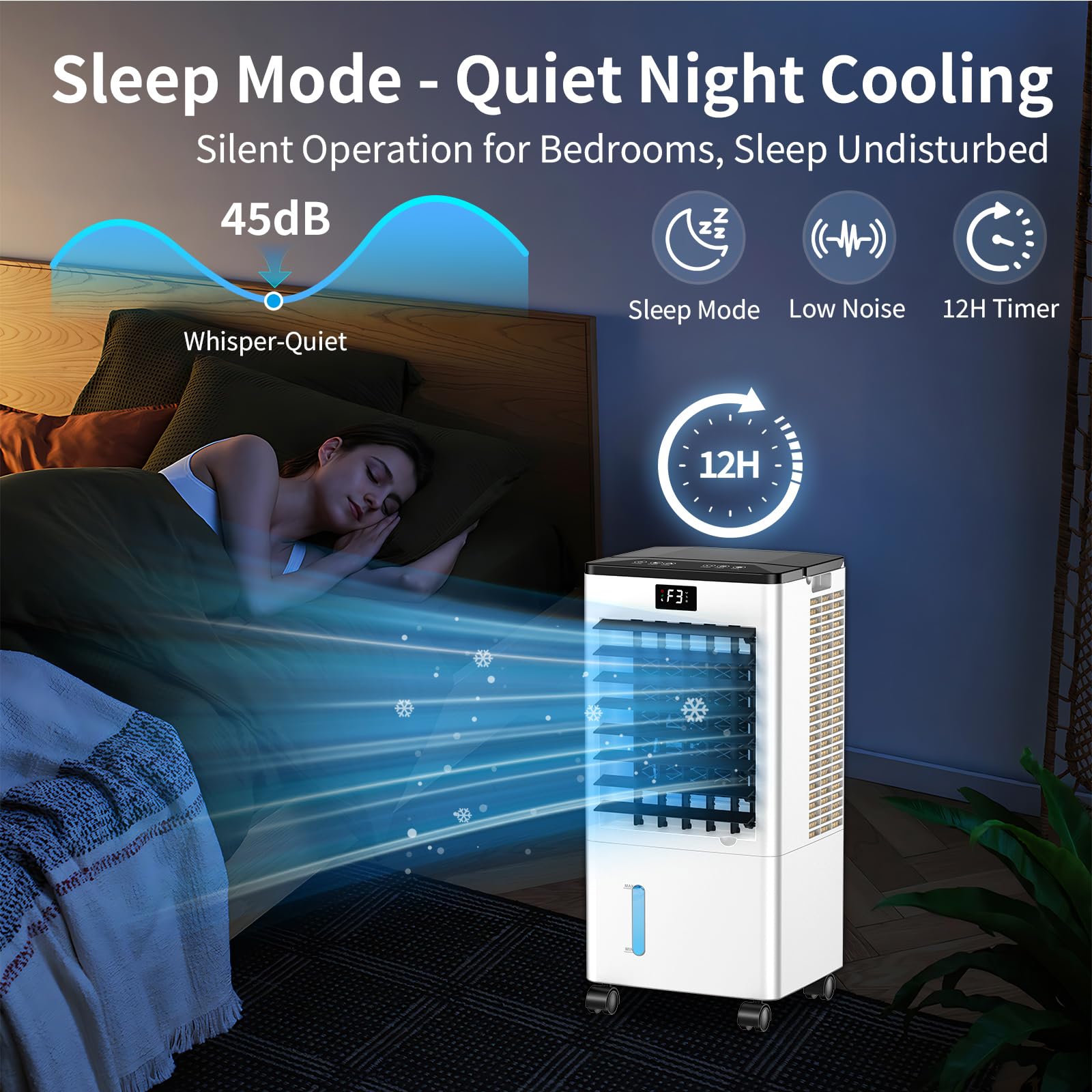 Climatiseur Mobile, 3 Modes & 3 Vitesse, Minuteur 12H, 4 Boîtes des Glacières, Grand Réservoir d'Eau, Fonction d'Oscillation, 60W Refroidisseur d'Air Évaporation avec Écran pour Chambre Bureau