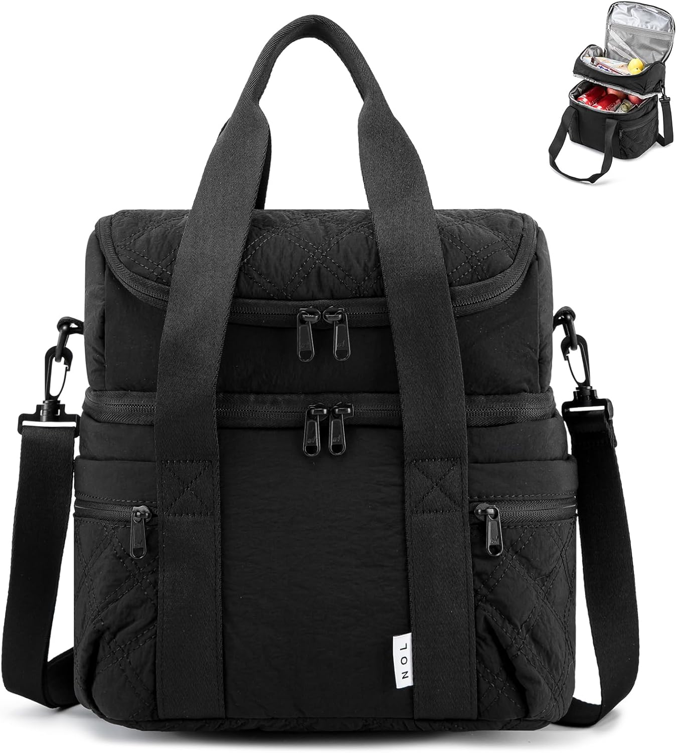 NOL Natural Organic Lifestyle Lunch Bag for Women - Large Double Deck Insulated Lunch Box Leakproof Reusable Lunch Cooler Puffer Lunch Tote Bag with Multiple Pockets for Work Picnic, Black