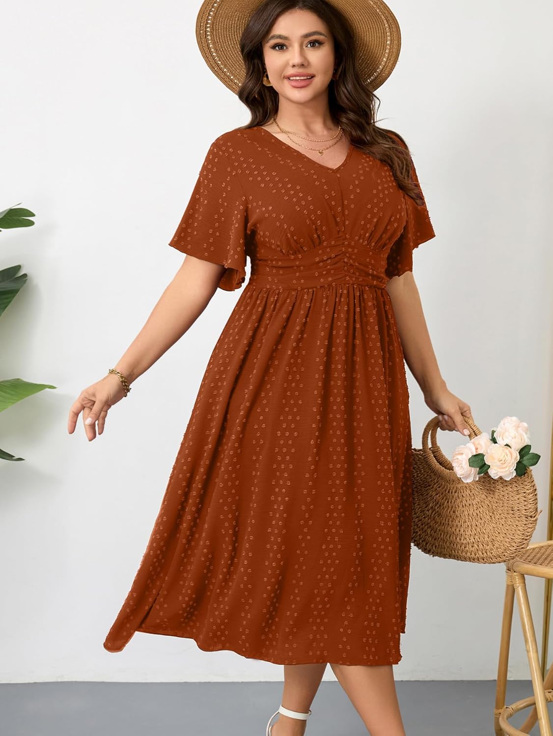 RWJ Women's Plus Size Maxi Dress V Neck Short Sleeve Swiss Dot A Line High Waist Boho Swing Casual Summer Dresses - Image 5