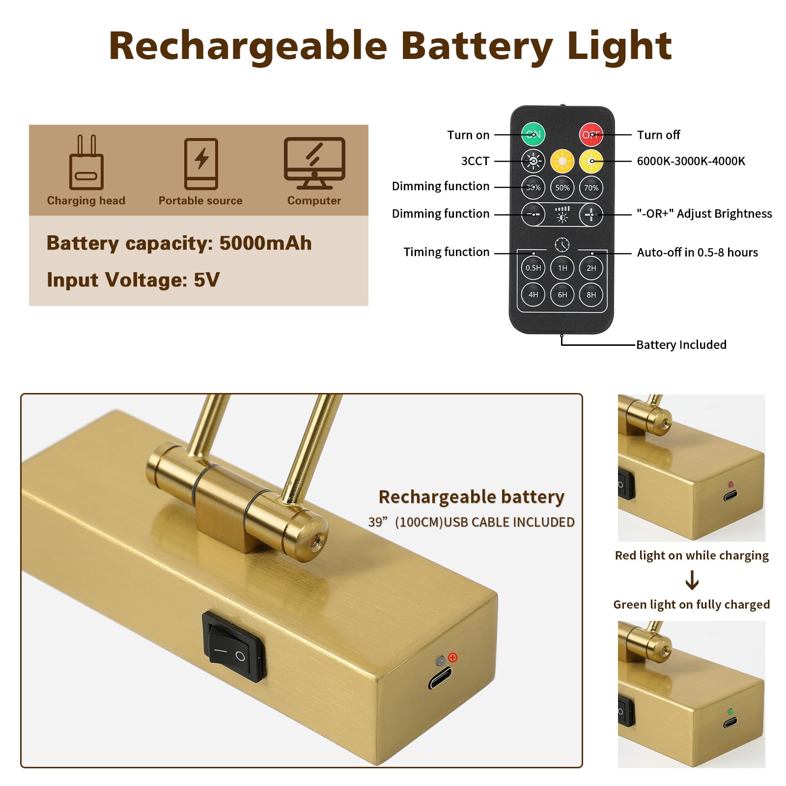 Joossnwell Luce per immagini a batteria con telecomando senza fili per dipinti Luce da galleria in ottone dimmerabile e timer Illuminazione per immagini ricaricabile per parete 15,35 pollici per