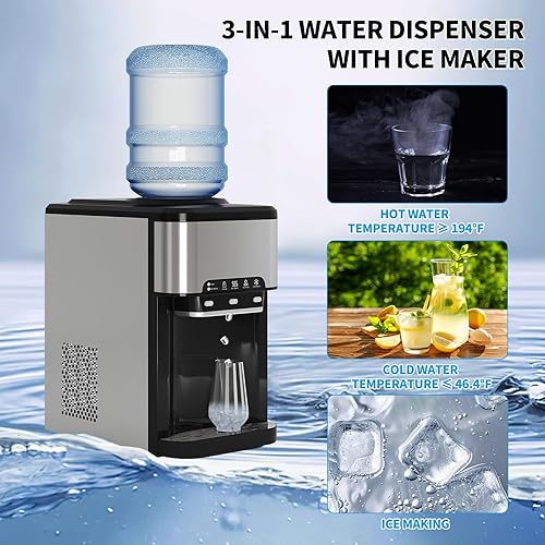 Miniatura 5 de Dispensador de agua de encimera 3 en 1 con máquina de hielo, dispensador de agua de carga superior para botellas de 3 a 5 galones, enfriador de agua