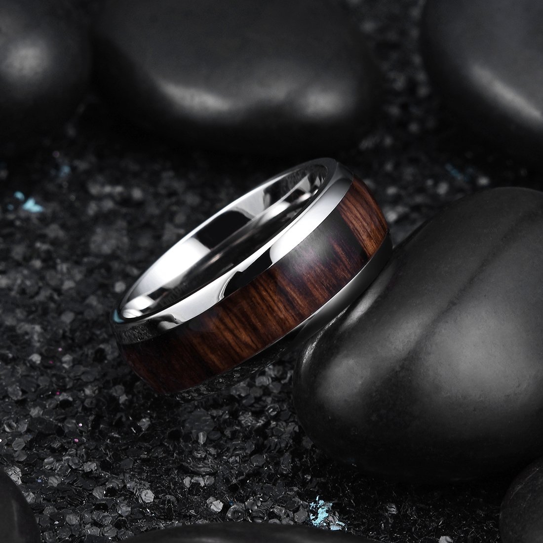 King Will 8mm silberner Titanring mit Holzeinlage - Innenloch, Ehering für Männer, hochglanzpolierte, abgeschrägte Kanten, komfortable Passform