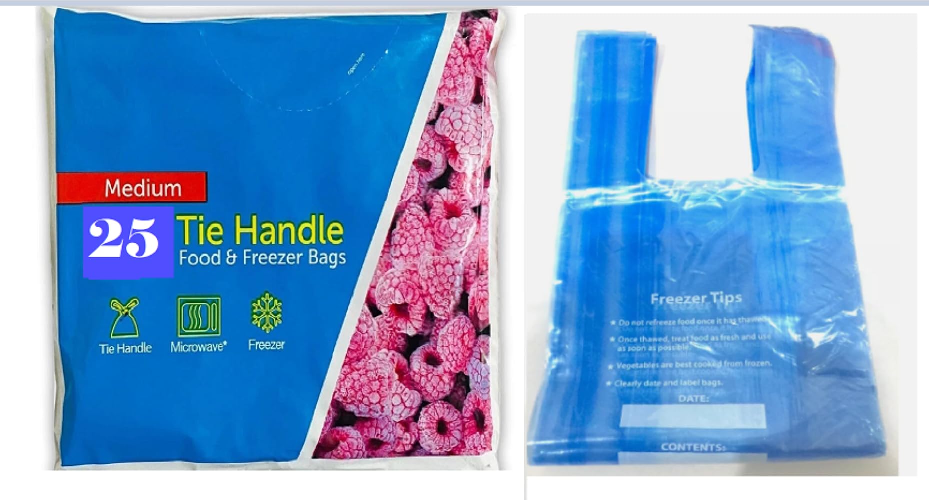 Food Freezer Bags with Tie Handles and Writable Panel | Extra Strong, Microwave Safe, Food Storage, Sandwich Bags, For Freezing (BLUE, M, 25)