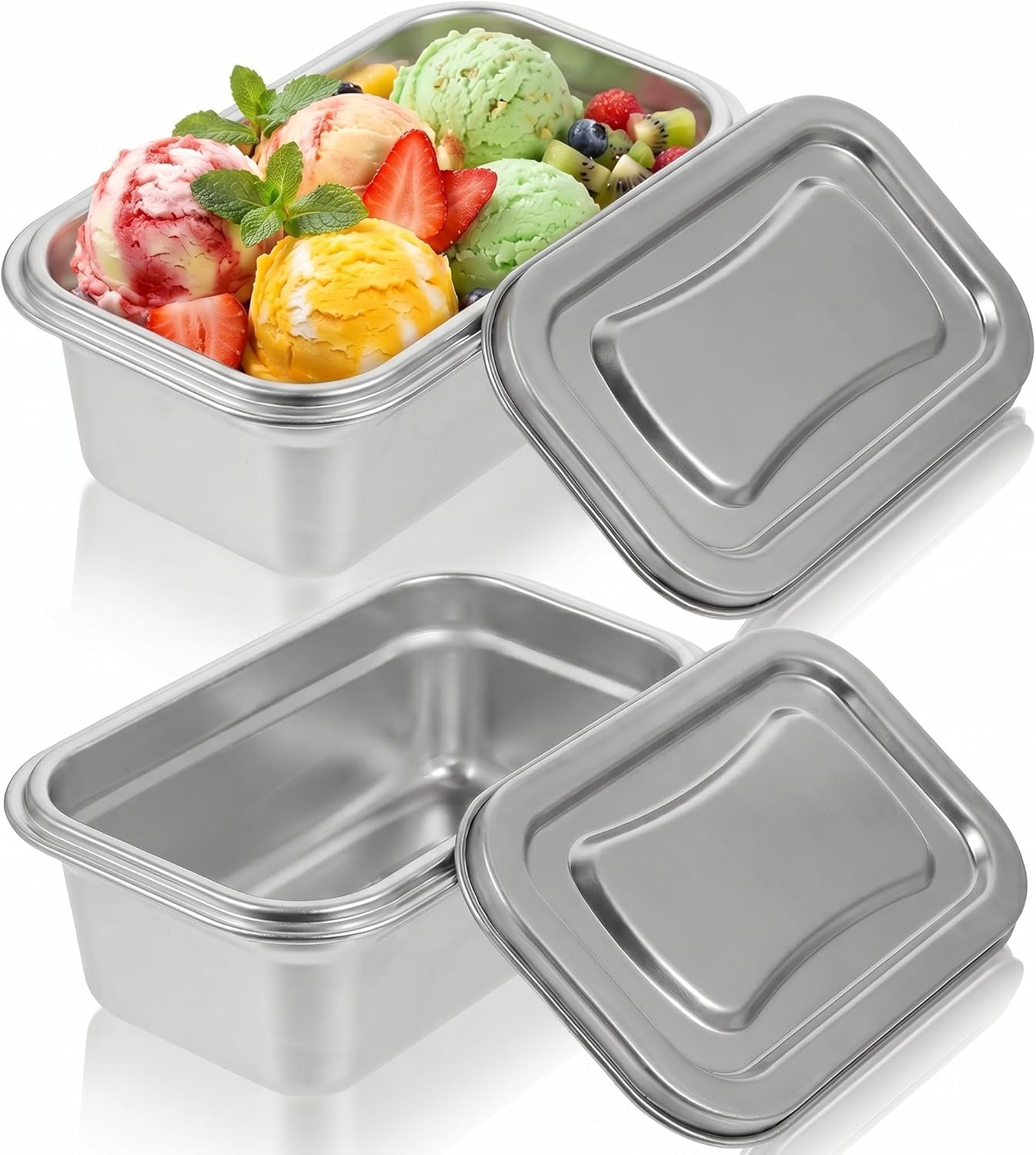 Niltracy 2Pcs Stainless Steel Ice Cream Containers, 32 oz Reusable Homemade Ice Cream Tubs Freezer Storage Containers with Lids, 1 Quart Small Sorbet & Gelato Keeper for Kitchen Use, Fruit, Freezer