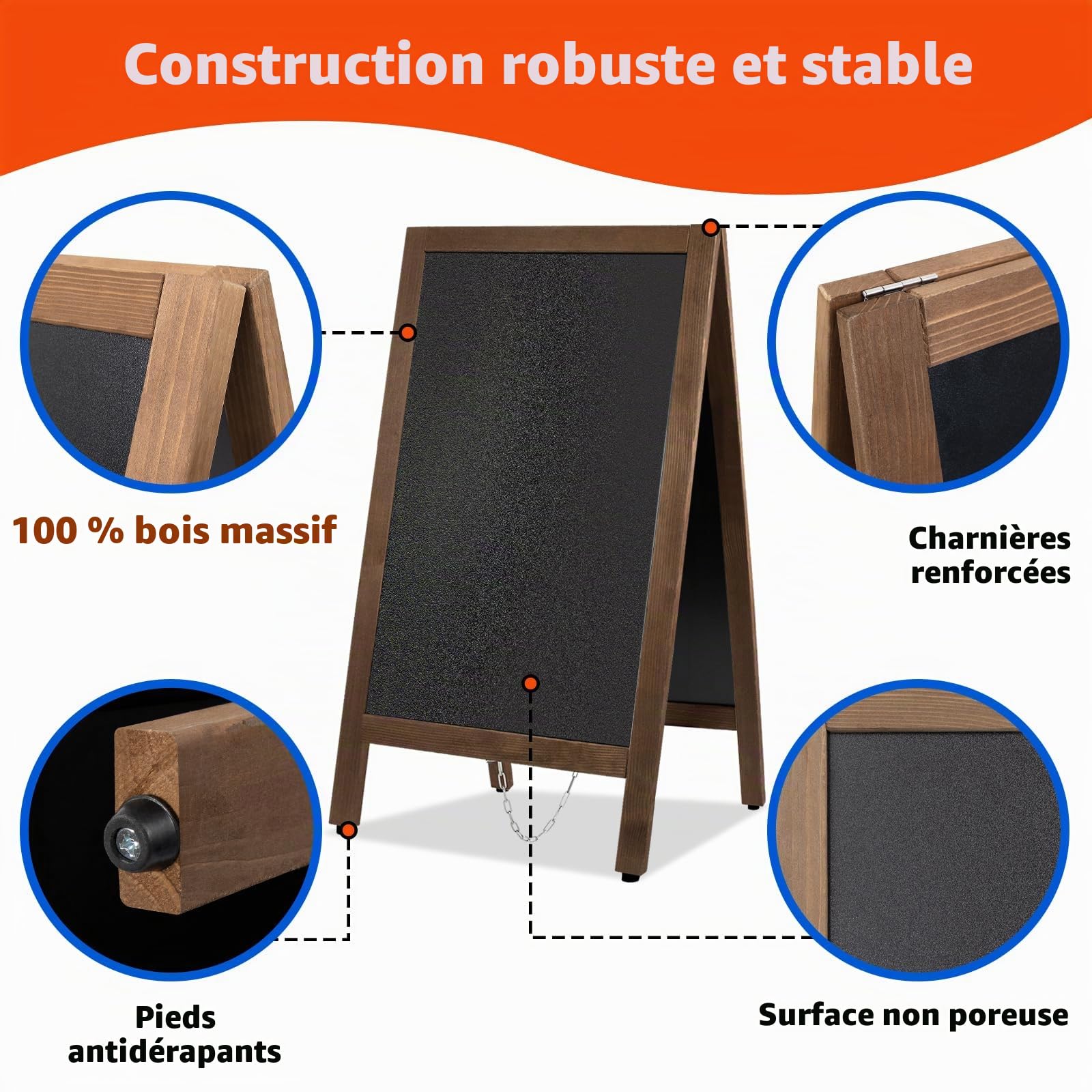 Chevalet Publicitaire Extérieur 105x45cm Tableau Noir Magnétique Double Face Grand Panneau, Tableau à Craie Stop Trottoir, Chevalet Bois Pour Pour Menu Sandwich Restaurant, Bar, Fête, Commerce
