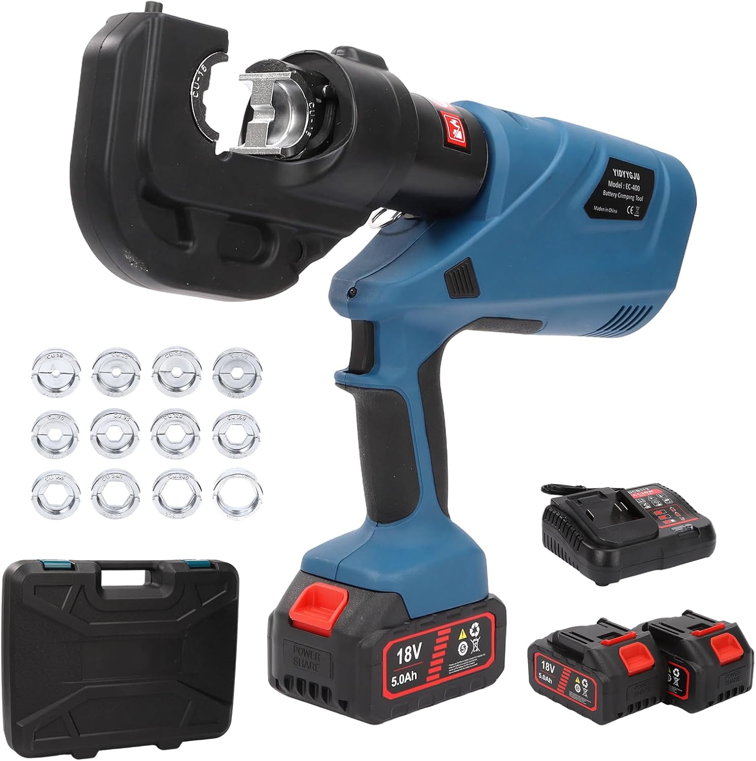 Hydraulic Crimping Tool 12TON Battery Powered 120KN 21V Lithium-Ion 360° Rotating Head for Confined Spaces 3-6 Sec Fast Crimping 6AWG-800MCM with 12 Dies