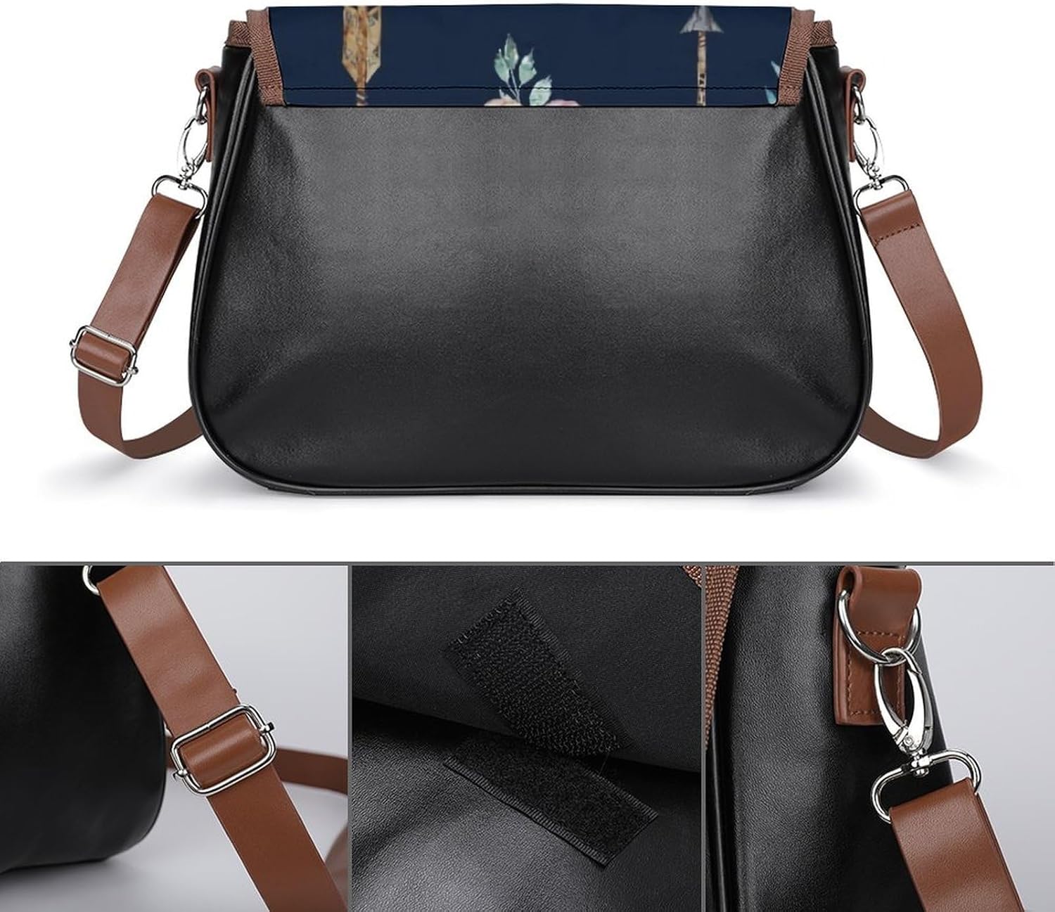 Bull Skull Arrow Floral Watercolor BohoWomen's Faux Leather Crossbody Bag, Waterproof Wrinkle-Resistant Shoulder Bag with Detachable Strap, Large Capacity Casual Handbag, Fashion Daily Purse for Shopp