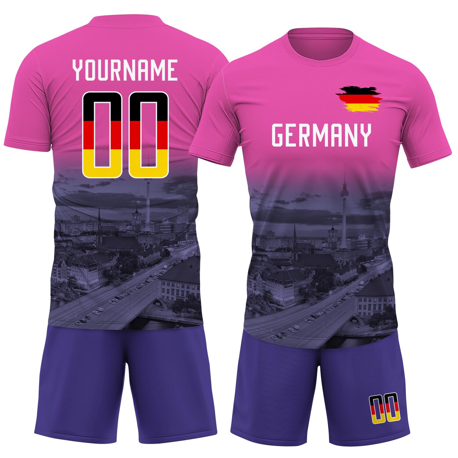 Generic Custom Germany Soccer Jersey with Name Number, Athletic Shirts for Men Women Youth Kids, Pink Purple Shorts Soccer Shirt Set