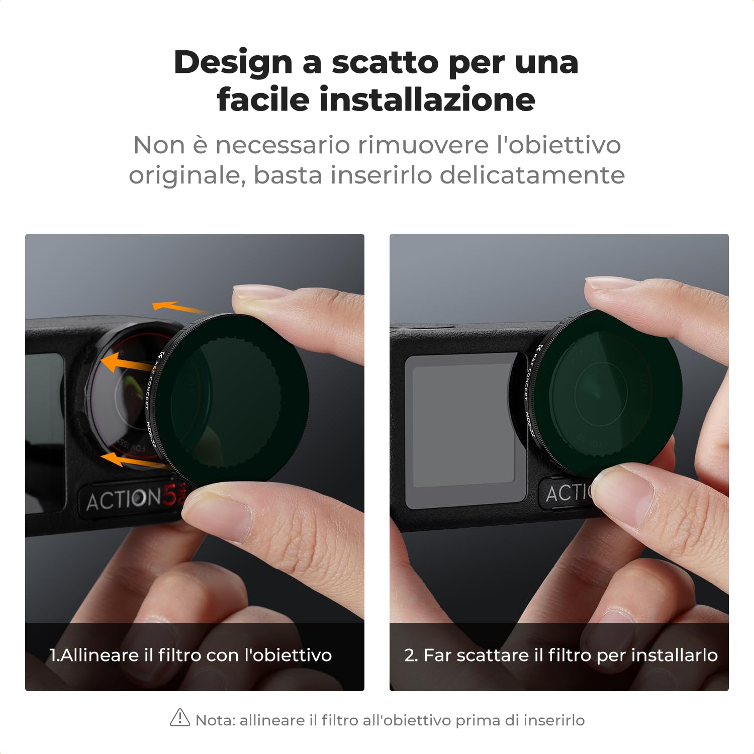 K&F CONCEPT Push In Fit Filtro ND2-32 Variabile Compatibile con DJI Osmo Action 5 Pro, Filtro di Riduzione della Luce a Densità Neutra per Osmo Action 4/3, Accessori per Action Camera
