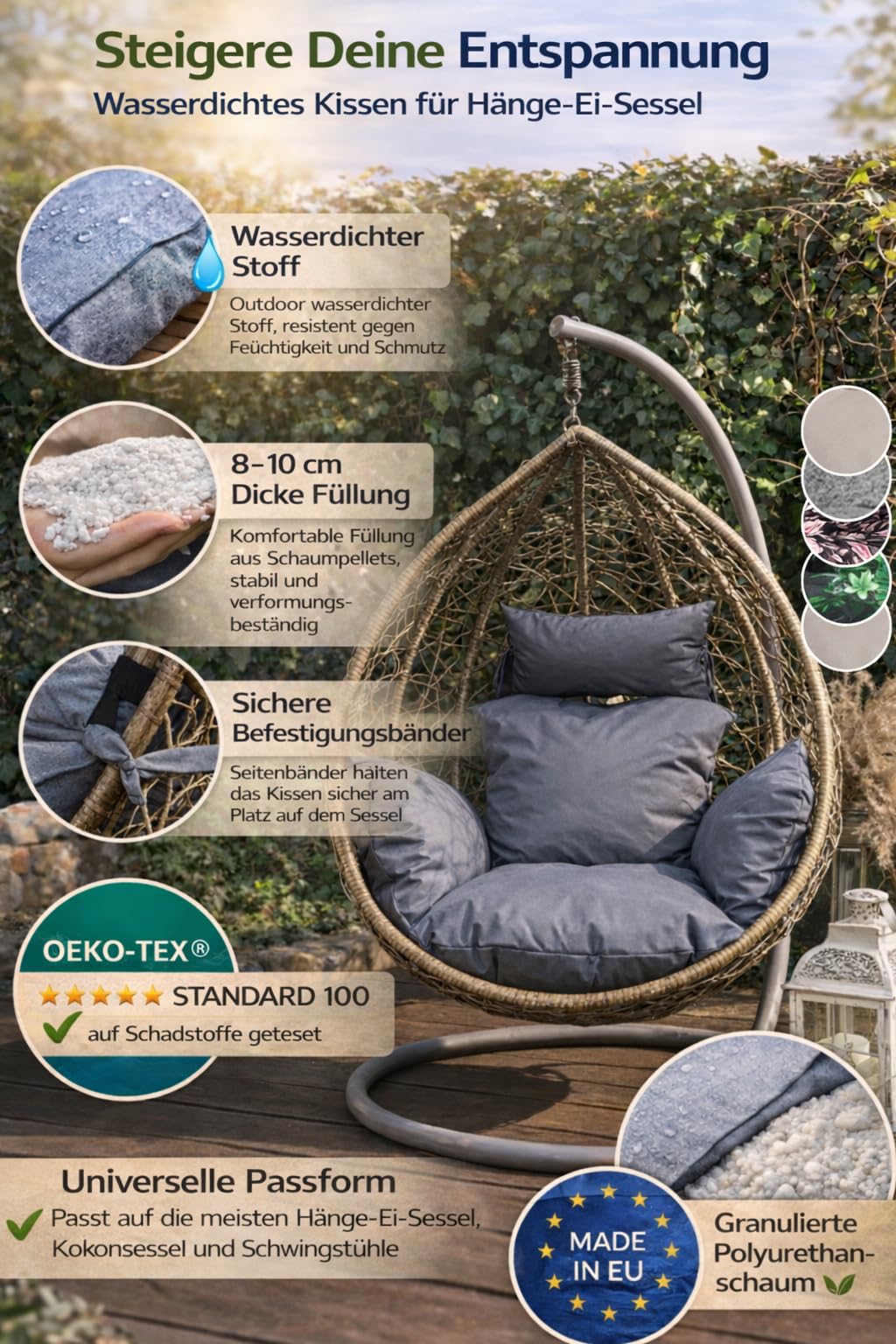 Hängesessel Kissen Outdoor – Auflage für Hängesessel, Hängekorb und Hängeschaukel, wetterfestes Sitzkissen für Gartenschaukel, weich und bequem