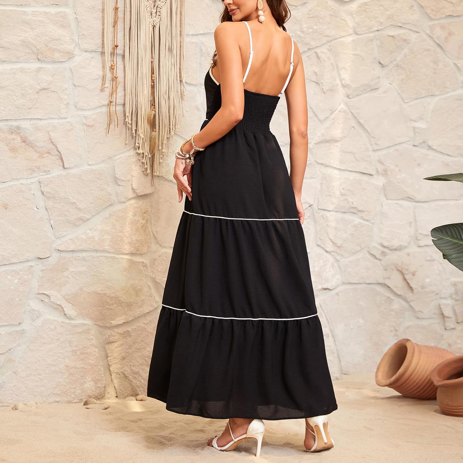 Women's Solid Color Sundress Summer Boho Square Neck Long Dress Spaghetti Strap Back Elastic A line Maxi Dresses - Image 2