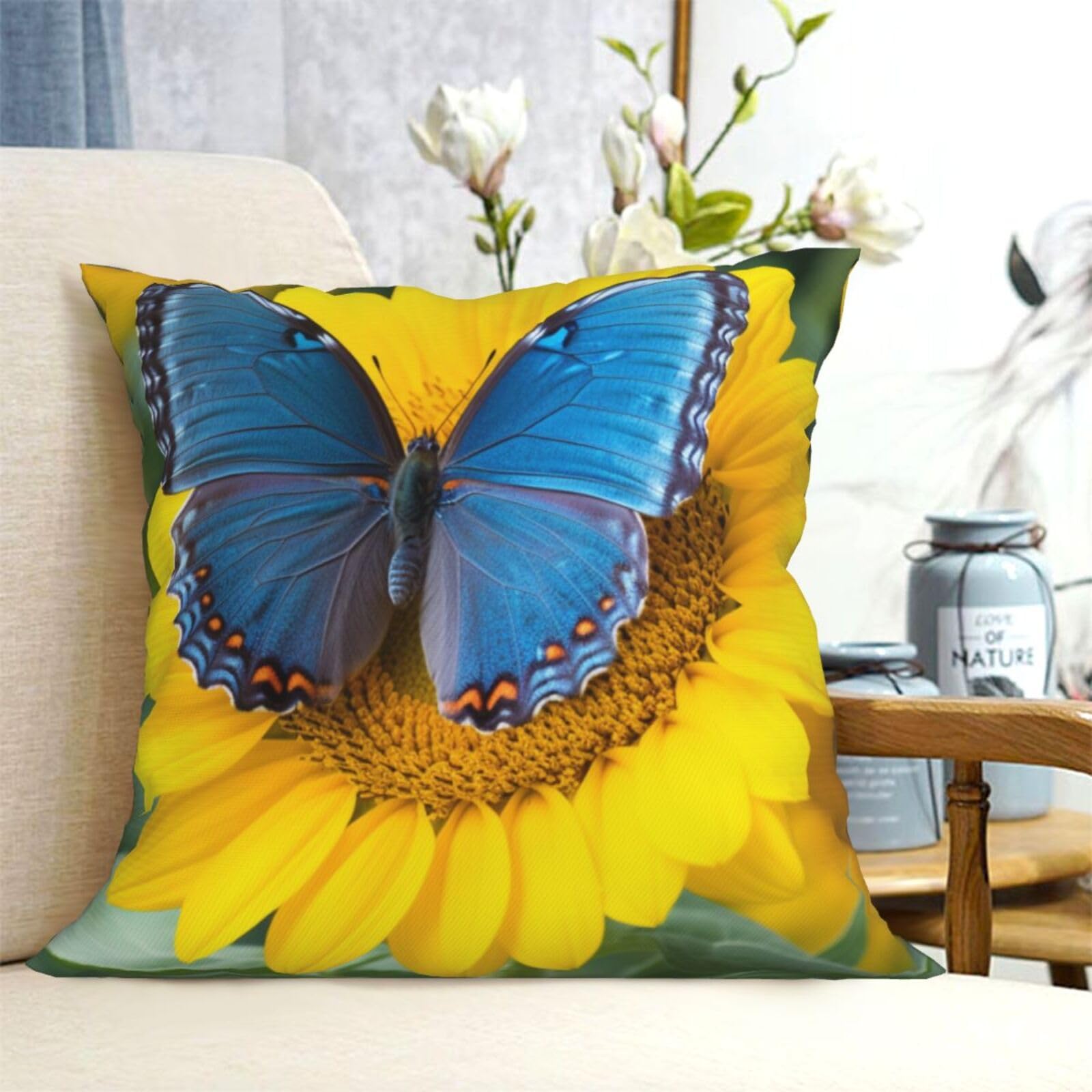 Fodpand Black Decorative Throw Pillow Covers 18"X18" Sunflower Blue Butterfly Cushion Cases Square Modern Farmhouse Pillow Cases Soft Cozy Cushion Covers For Couch Sofa Bedroom Home Decor Pillowcase