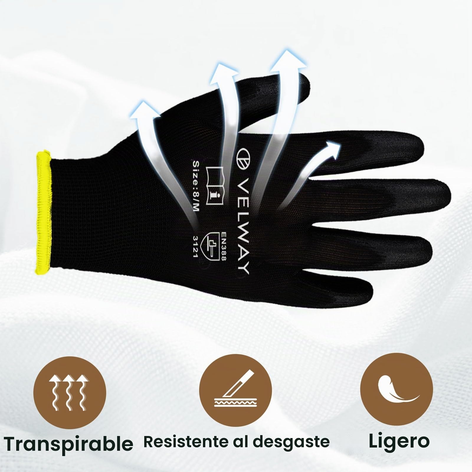 Velway 12 Pares Guantes de Trabajo - Guantes de Protéccion para Hombre Talla 8 Alta Resistencia - Recubrimiento de Poliéster PU - Versátiles Protección Mecánica Industrial Jardinería Pintura - Negro