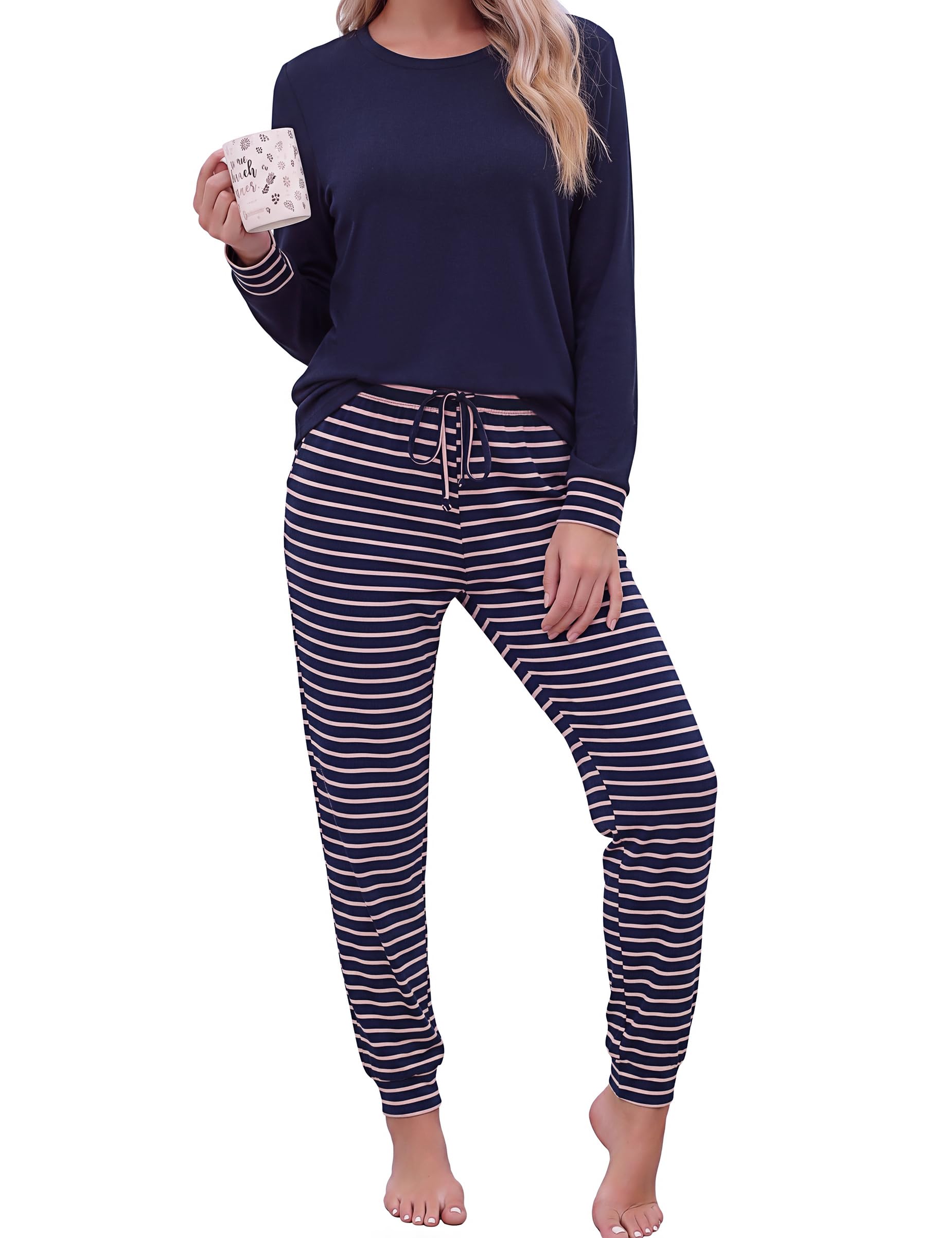 Litherday Schlafanzug Damen Lang Baumwolle Gestreift Pyjama Set | Zweiteiliger Rundhals Nachtwäsche, Langarm Loungewear Sleepwear mit Elastischer Bund für Winter
