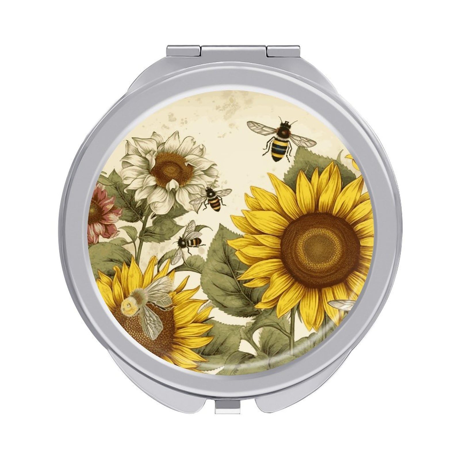 JTREHY Bees Sunflowers Daisy Rose Flowers Makeup Mirror Silver Mirror Surface Folding Makeups Mirrors Lightweight Durable Looking Glass for Suitable Traveling Handbag and Purses