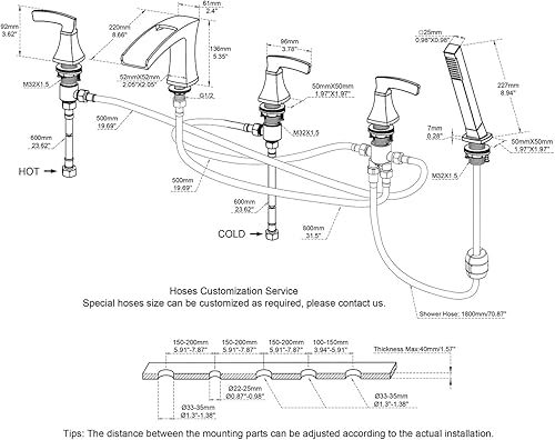 Miniatura 2 de Grifo de bañera romana, relleno de bañera de cascada de oro cepillado, grifos de baño de latón de 5 agujeros con ducha de mano