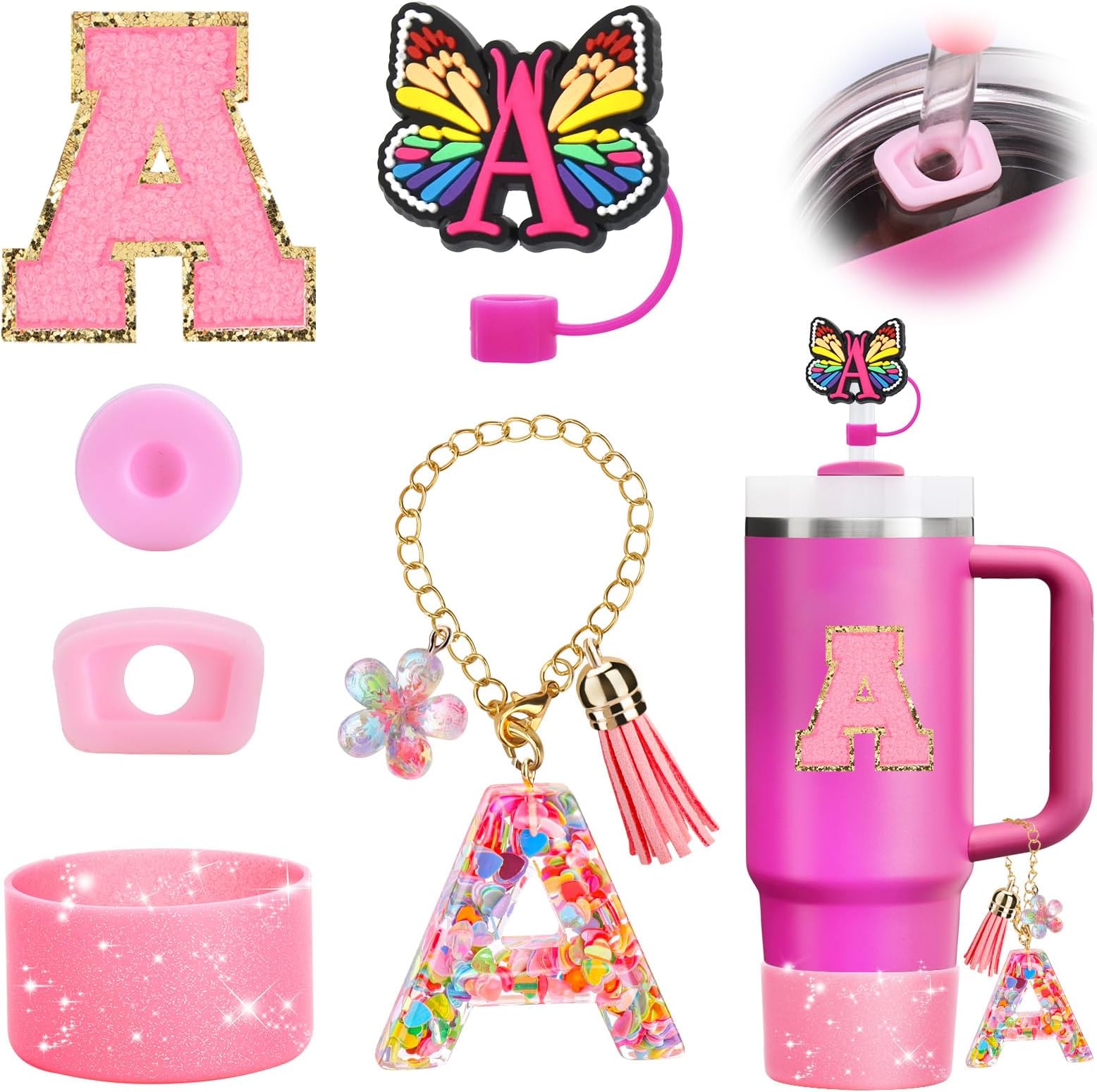 6PCS Cup Accessories for Stanley Cup 30oz 40oz - Tumbler Initials Cute Decoration for Stanley Letter A