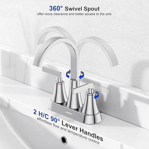 Miniatura 3 de Hurran - Grifo para lavabo de baño, cromado de 4 pulgadas, 3 agujeros con drenaje emergente y líneas de suministro, grifo de cascada giratorio de