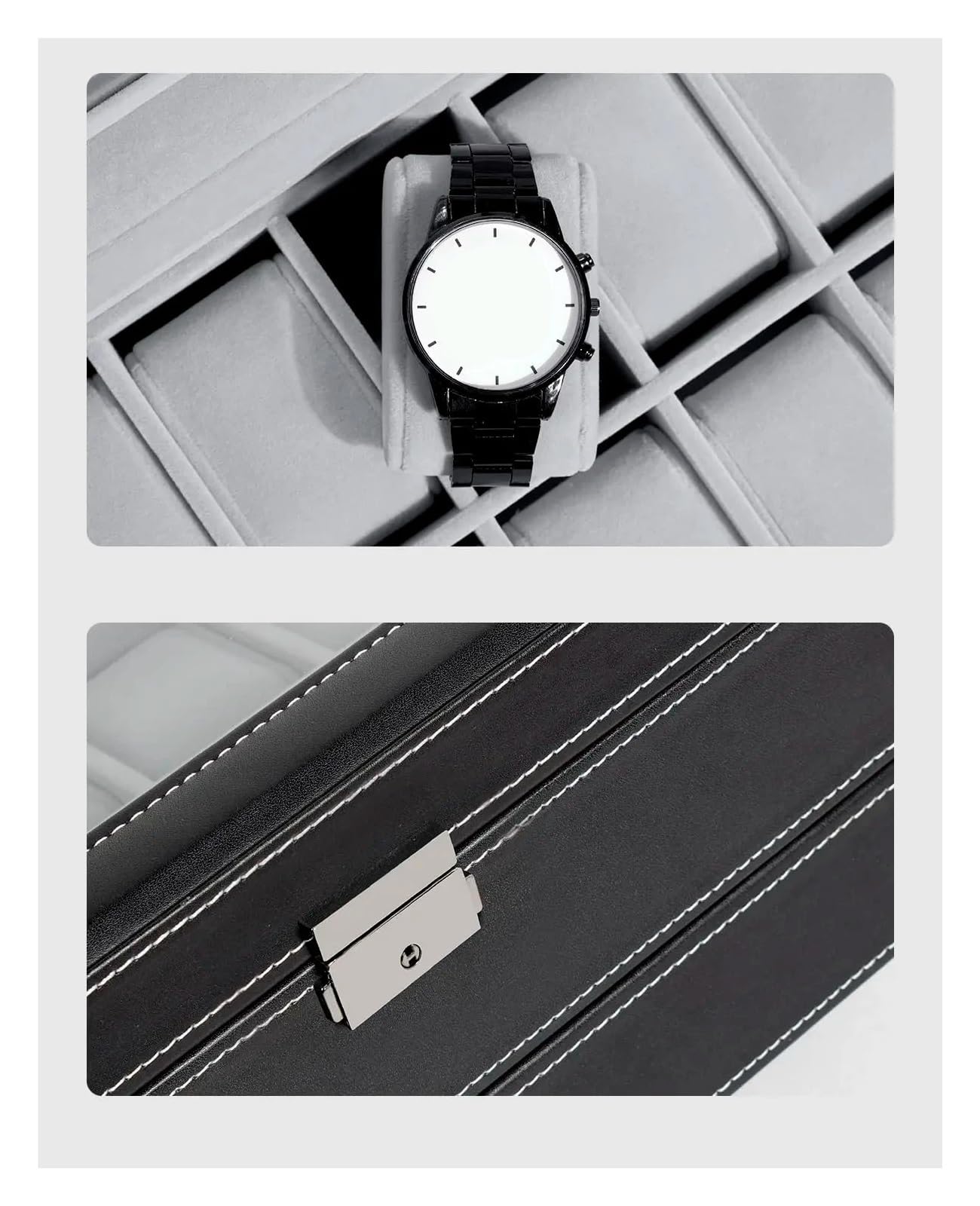 Abschließbare Aufbewahrungsboxen for Uhren mit 12 Fächern, Schmuckvitrine for Herren und Damen, 2-stufiger Organizer for zur Aufbewahrung von Uhren(Black Beige)