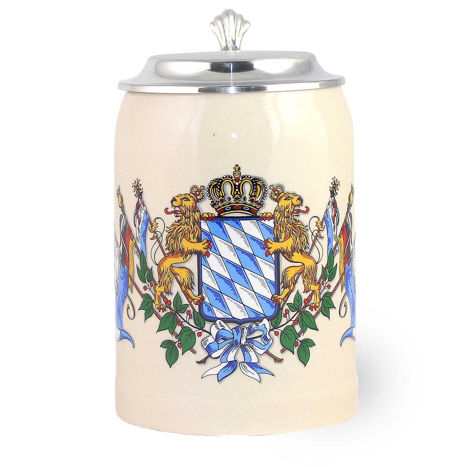 Bavariashop | Steinkrug Bayern mit Zinndeckel | Bierkrug mit Freistaat Bayern Wappen | Maß-Krug Löwe Krone | 0,5 Liter
