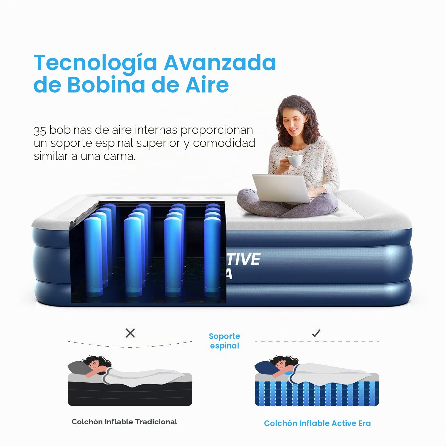 Active Era - Colchón inflable queen size con bomba eléctrica incorporada, almohada elevada y material impermeable resistente y a prueba de pinchazos