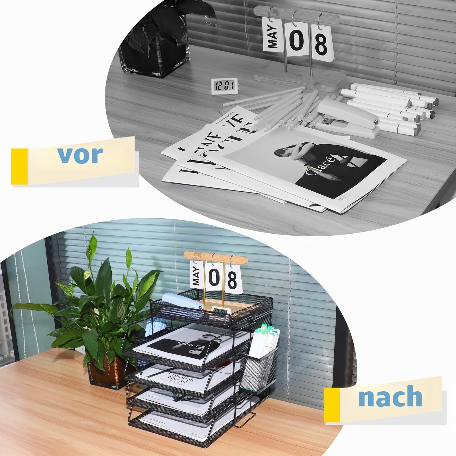 Briefablage für Büro, Dokumentenablage mit Stifthalter, 4-Fach Schreibtisch Organizer Metall, Papierablage Mesh, Ablagefächer Stapelbar, Briefschublade, Büro Organizer, Papierablagefach