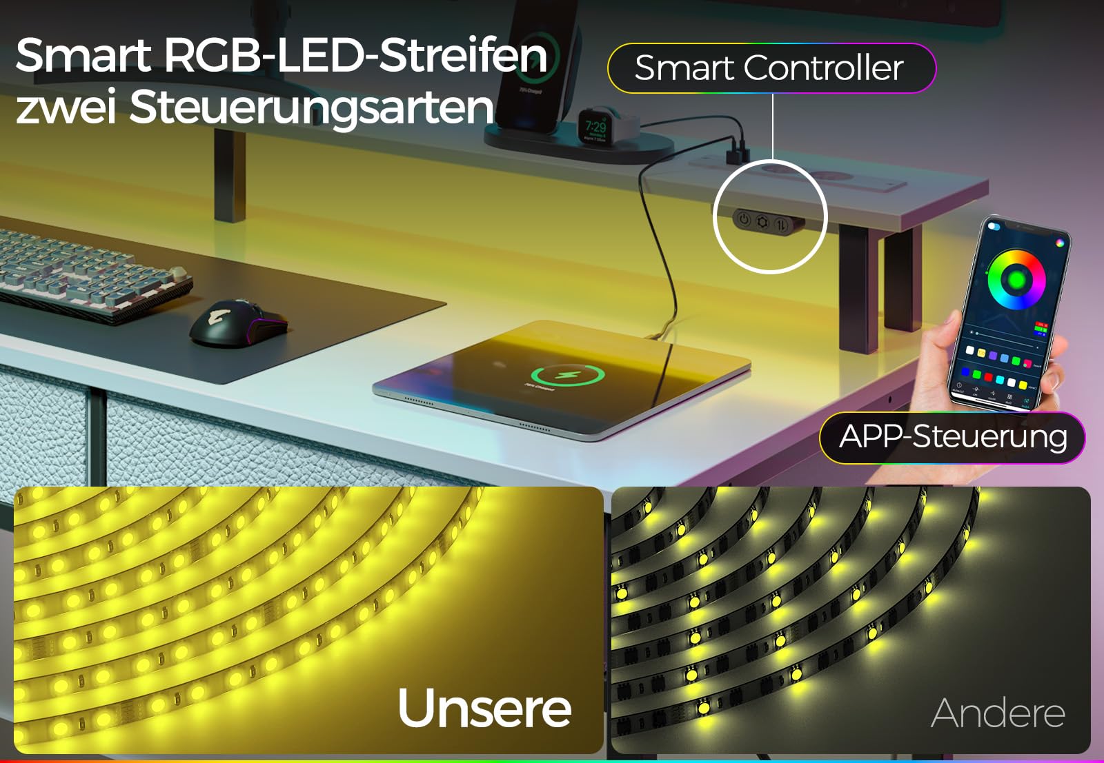 Seventable Schreibtisch mit Schubladen, Computertisch mit Steckdosen & LED, Gaming Tisch mit Monitorständer, Regal & 2 Haken, Gaming Schreibtisch für Büro, Wohnzimmer (Weiß, 100 cm)