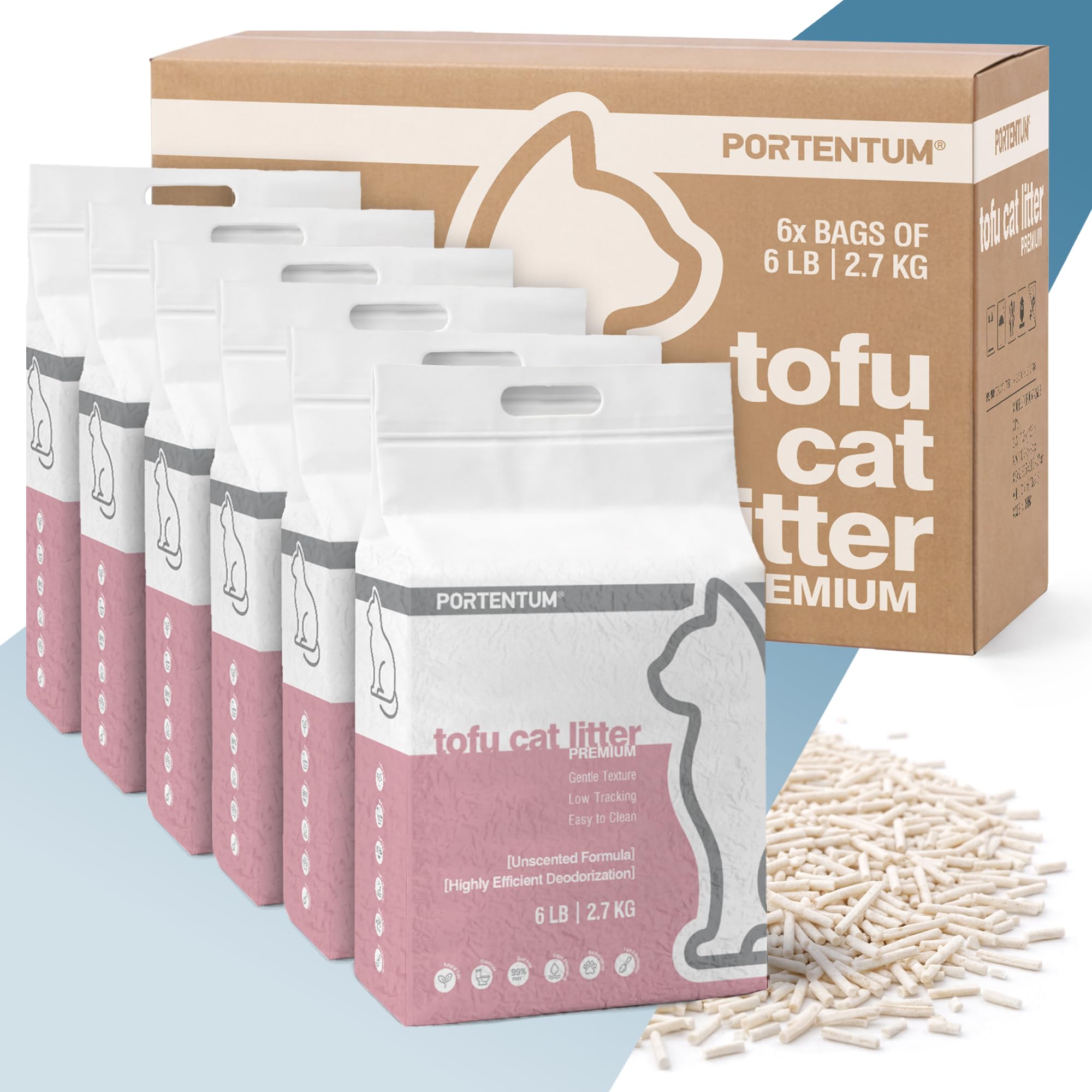 PORTENTUM Arena de Tofu para Gatos sin Perfume – 16,2 kg de Arena aglomerante para Gatos con Control de olores y fácil Limpieza – Pellets Vegetales Que no se pegan y Mantienen el arenero Limpio - 2
