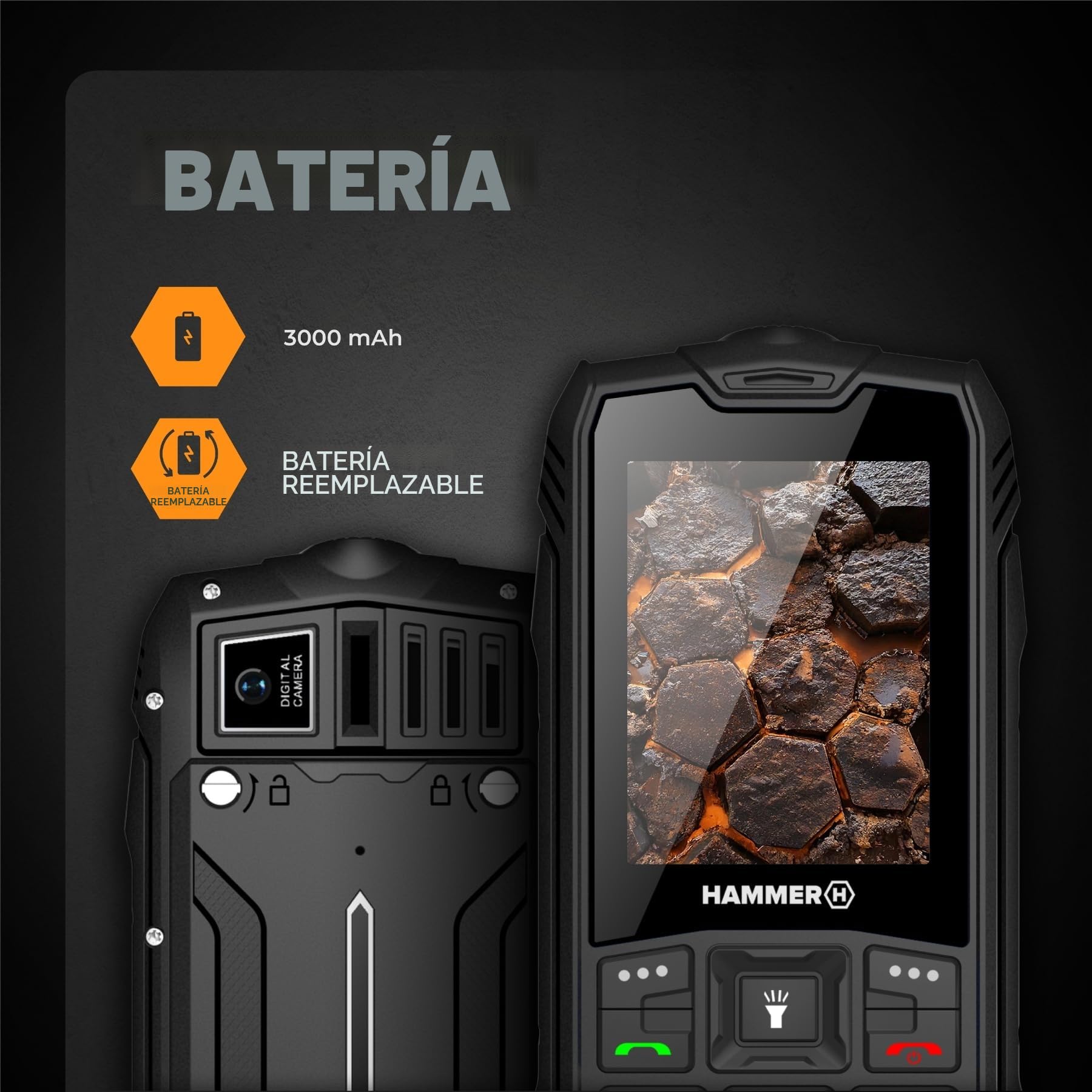 Hammer H Rock LTE Móvil Irrompible, Batería 3000 mAh, 64 GB, Pantalla IPS 2,4", Teclas Grandes, Botón SOS, Linterna, Radio FM, Bluetooth, USB-C, Dual SIM, IP68/MIL‑STD‑810H, Negro