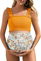 Biquíni de cintura alta para gestantes, duas peças, bainha com babados, roupa de banho floral