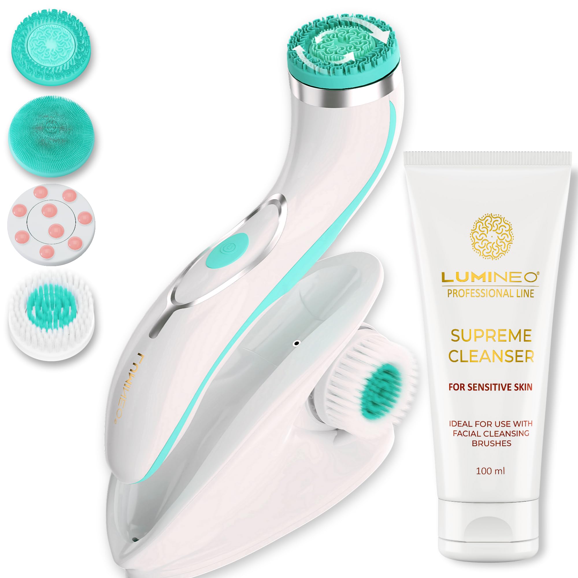 Lumineo Facial Cleansing Brush with Silicone Brush Heads, with Cleansing Gel for pores Peeling and Removing blackheads