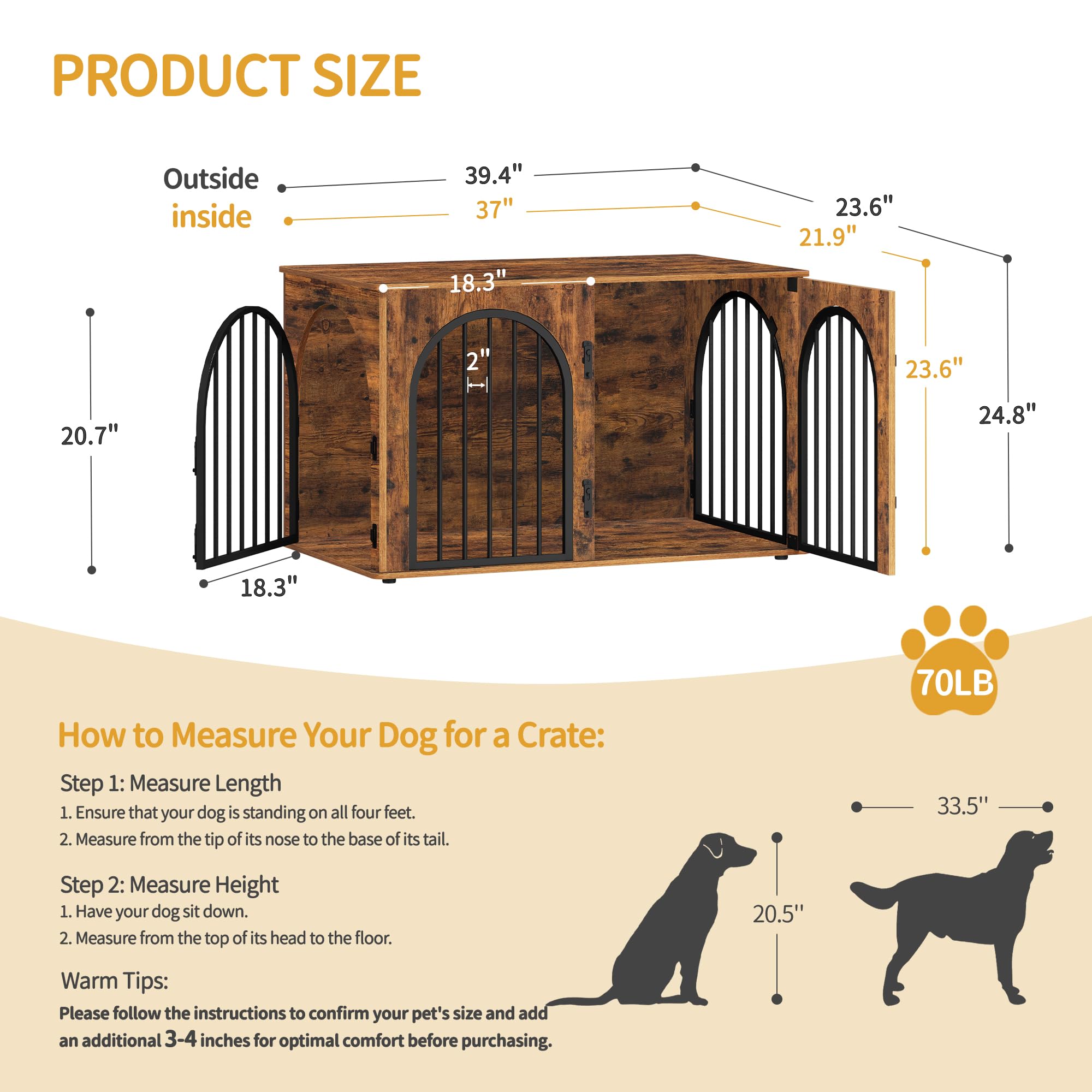 Hzuaneri 100cm Jaula para Perros, Mesa Auxiliar, casa Moderna para Perros, Jaula Perro Grande para Casa de Madera, dúplex para Animales, 3 Puertas, Puerta arqueada, 60 x 100 x 63 cm, Marrón Rústico