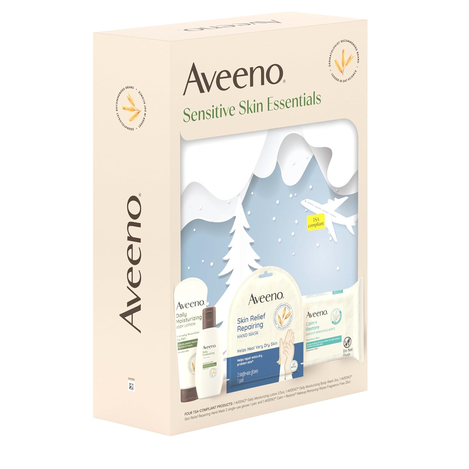 Aveeno Sensitive Skin Essentials Gift Set with Daily Moisturizing Lotion, Body Wash, Calm + Restore Makeup Removing Wipes, & Skin Relief Repairing Hand Mask, 4 Items - Image 5