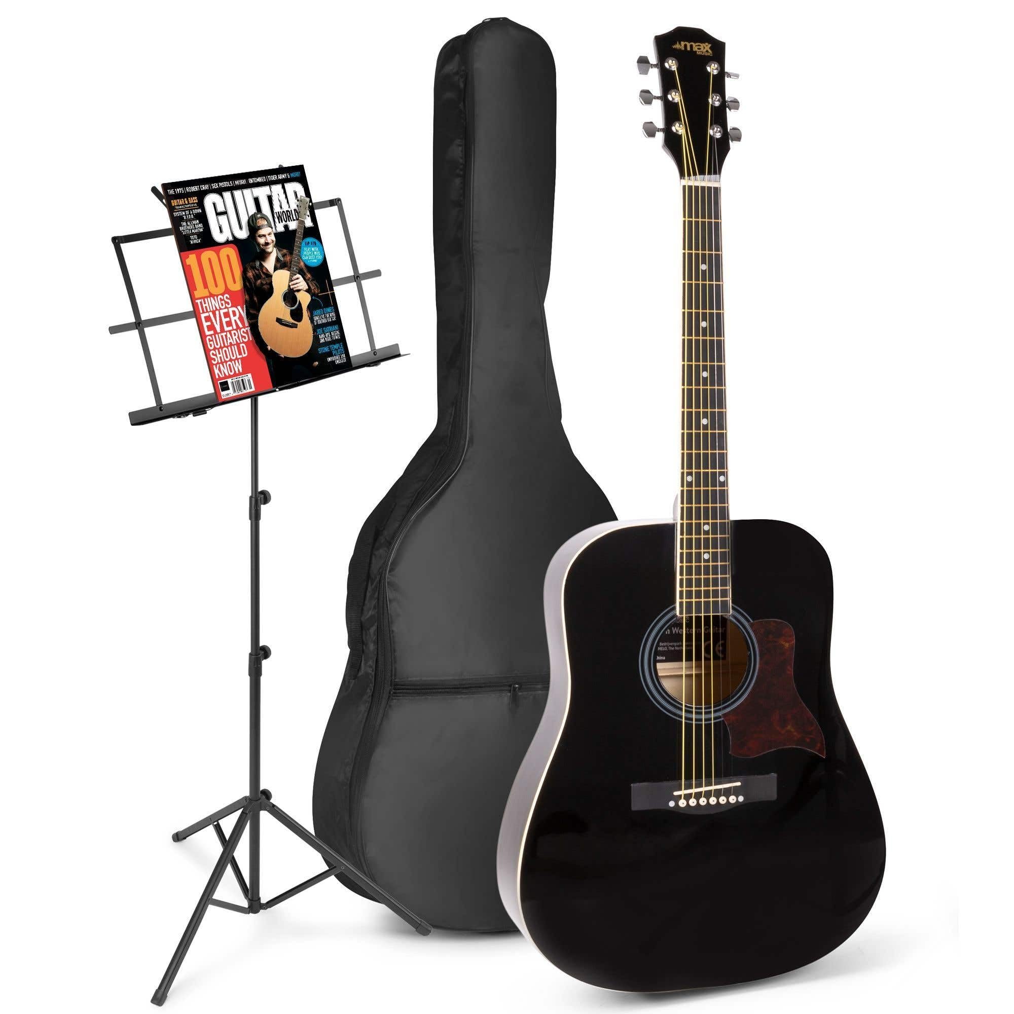 MAX SoloJam Akustik Gitarre Set - Westerngitarre, Notenständer, Gitarrentasche, Plektrum, Gitarrenstimmgerät, Schultergurt, Saiten, Gitarren-Starterset mit Zubehör - Schwarz