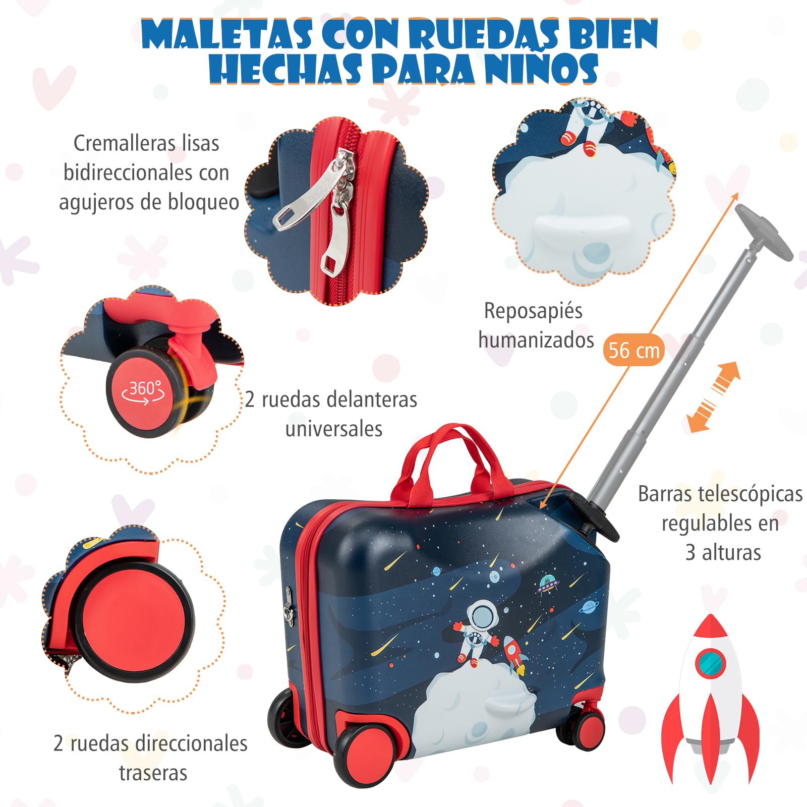 GOPLUS Maleta Infantil de 2 Piezas con Ruedas Giratorias, Equipaje de Viaje con Mochila, Juego de Equipaje para Niños Ride-on & Sit-on & Carry-on 47cm y Mochil 30 cm, Maleta de Cabina (Astronautas)